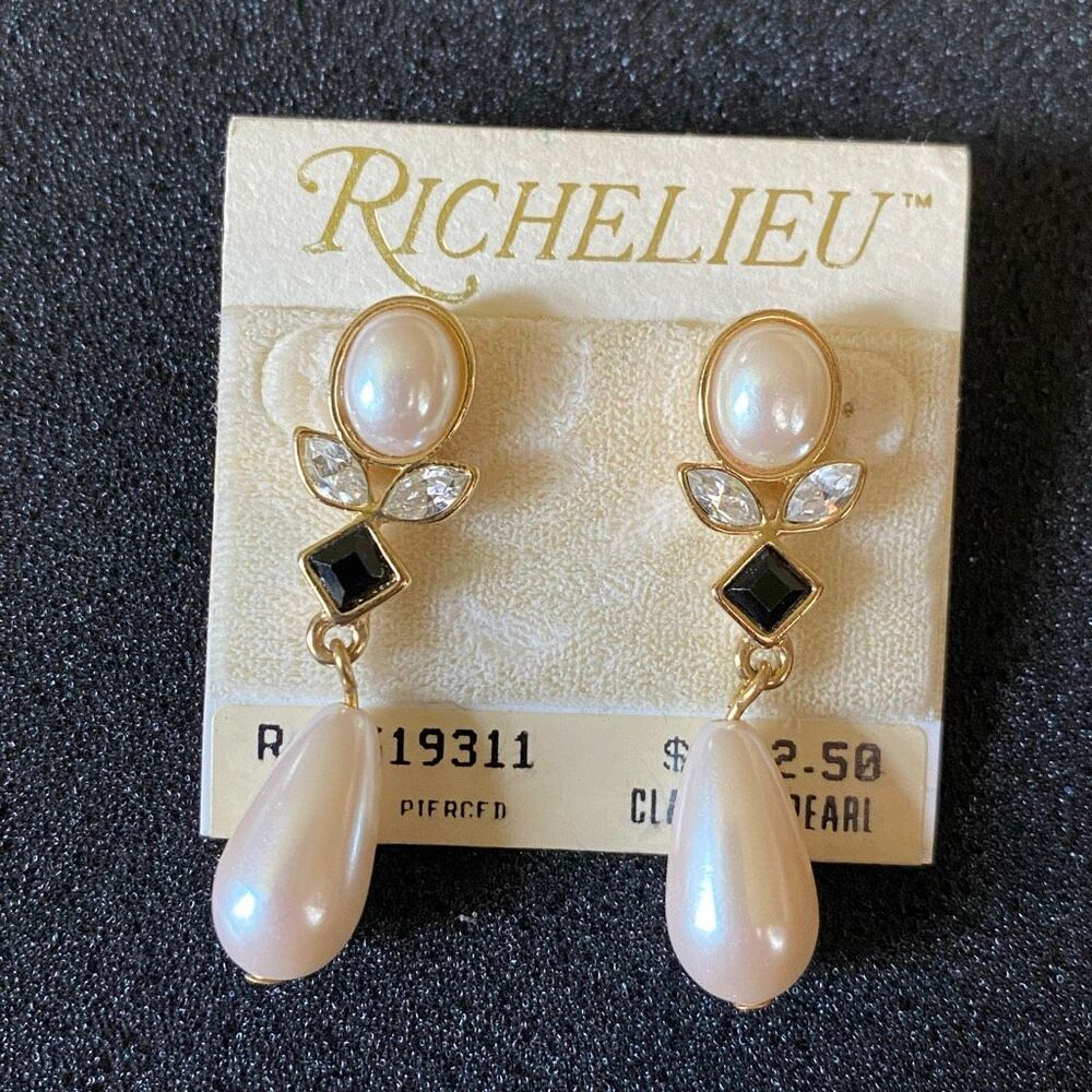 VTG Richelieu Pierced Dangle Earrings Faux Pearl Rhinestone Gold New on Card